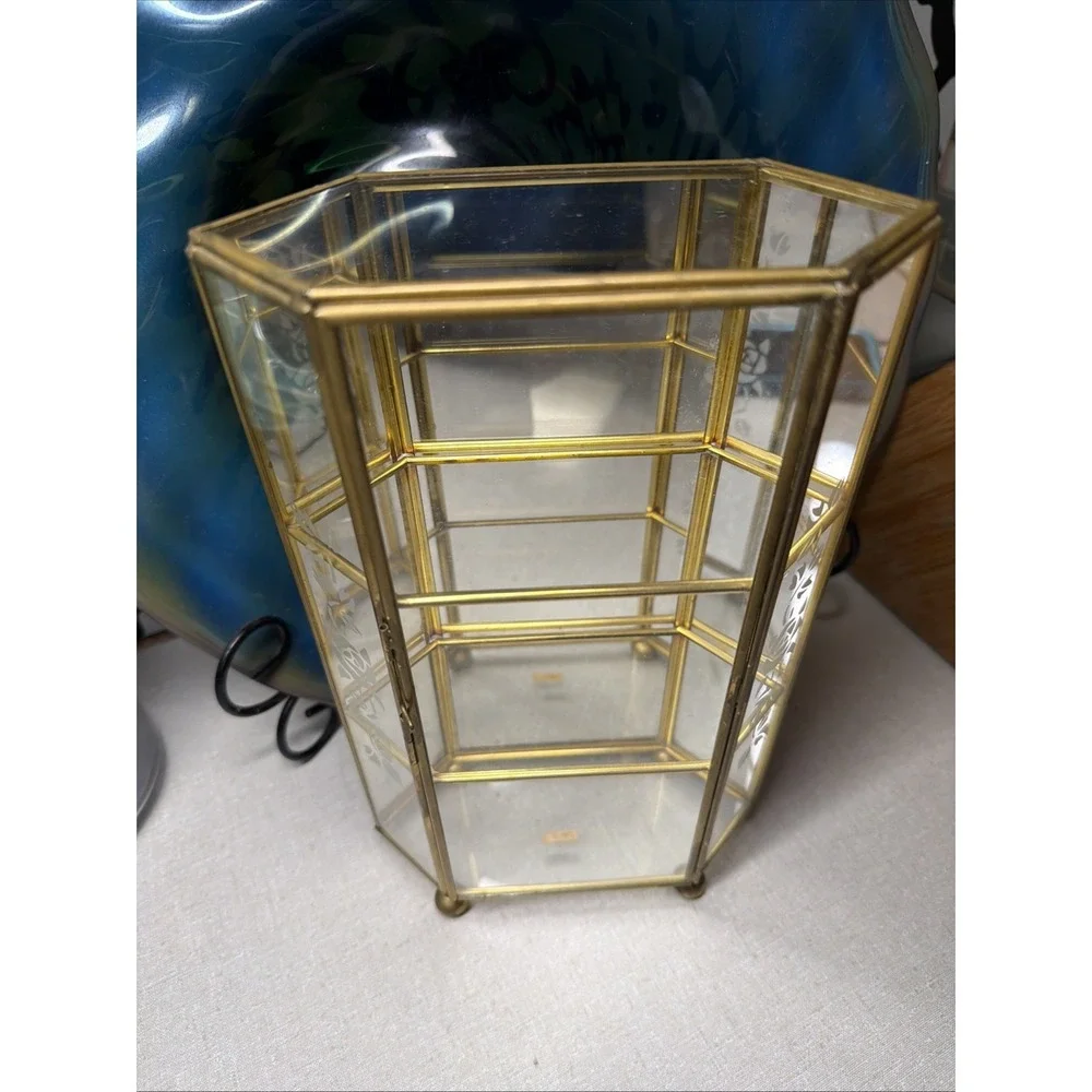 Vtg Etched Floral Glass Brass Mirrored Curio Display Cabinet Table 10